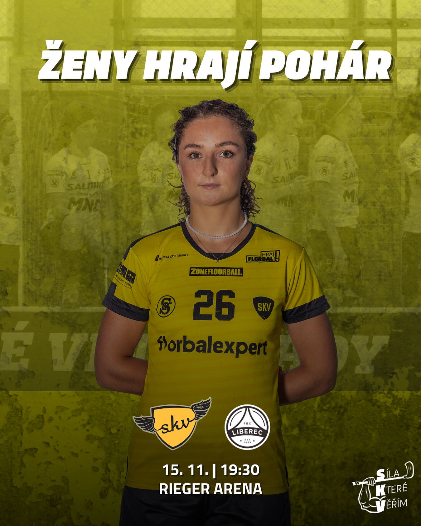 Pozvánka na florbalový pohárový zápas ženského áčka SKV TJ Sokol Královské Vinohrady vs. FBC Liberec v Rieger Aréně 15. 11. 2024 od 1930 hodin