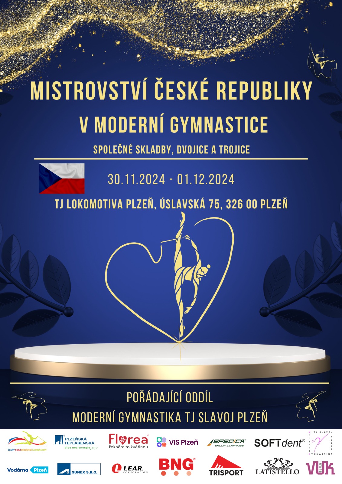 Pozvánka na MČR v moderní gymnastice společné skladby linie A, dvojice a trojice v Plzni 30. 11.-1. 12. 2024
