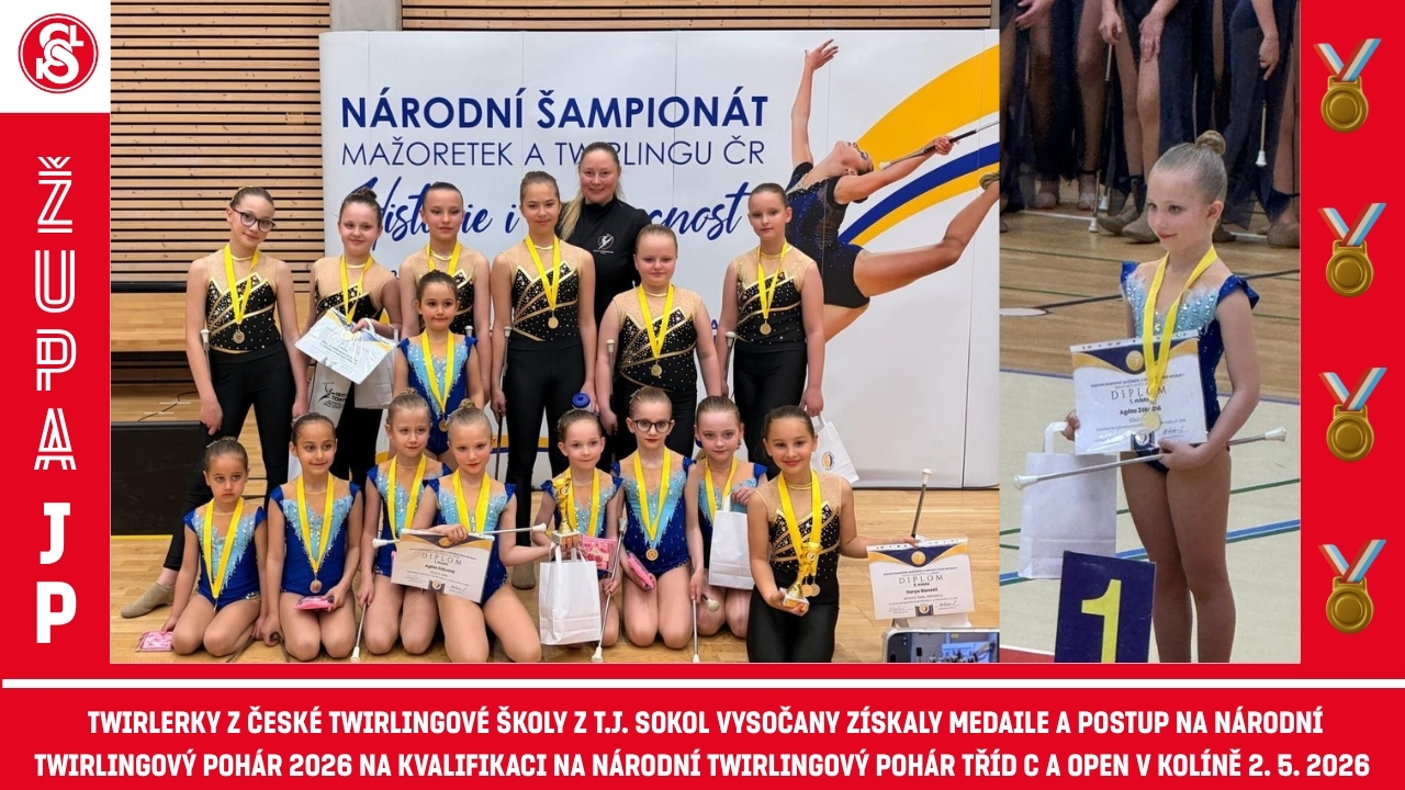 Twirlerky z �T� z T.J. Sokol Vyso�any z�skaly medaile a postup na NTP 2026 na Kvalifikaci na NTP t��d C a Open v Kol�n� 2.5.2026